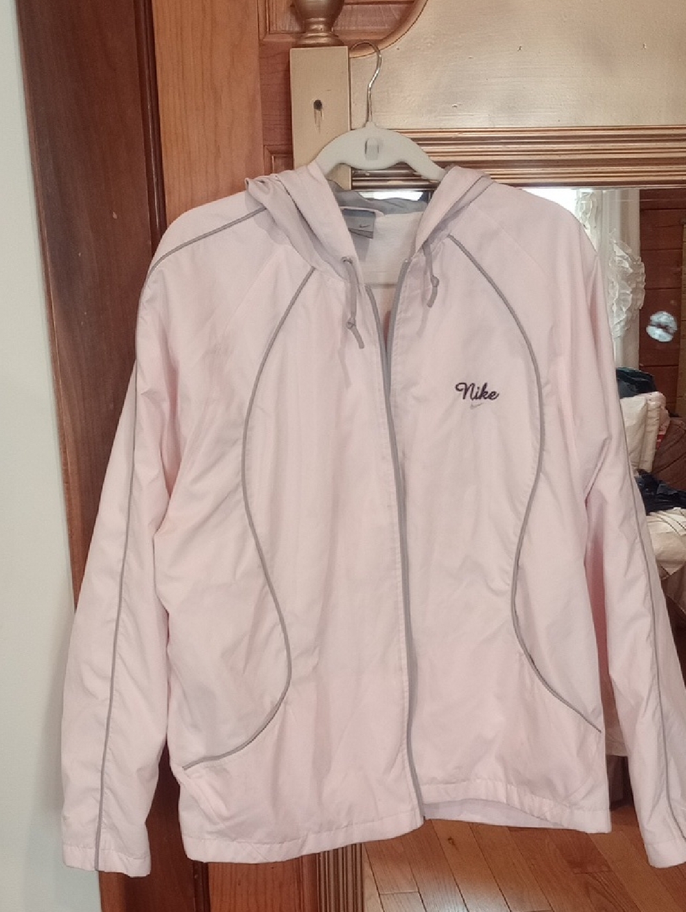 Nike Light Pink Hooded Bomber Jacket with Gray Trim